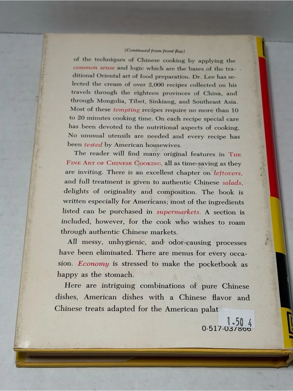 Vintage 1960s The Fine Art of Chinese Cooking Book by Dr Lee Su Jan